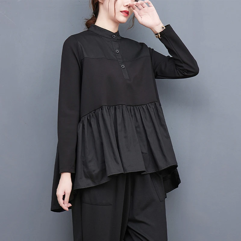 

SuperAen Oversized Shirt Women's Autumn Loose Ruffle Edge Spliced Stand Collar Long Sleeve Black Shirts