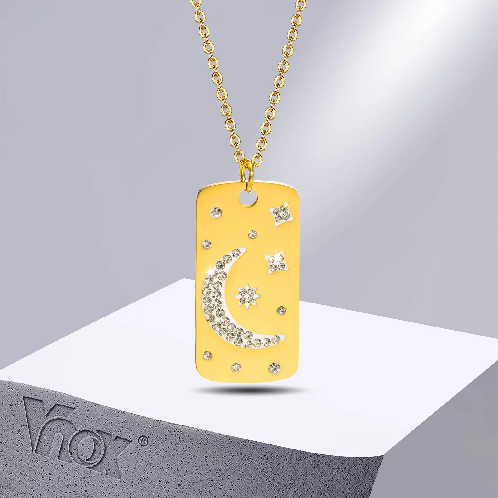 

Vnox Moon Star Necklaces for Women, Gold Color Stainless Steel Rectangle Pendant with AAA CZ Stone, Elegant Jewelry