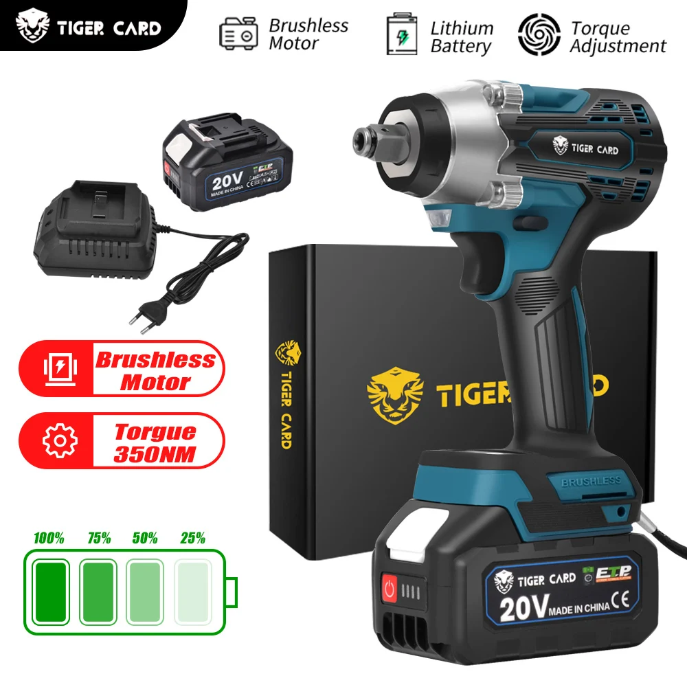 Brushless Electric Wrench Cordless Impact Wrench 350N.M High Torque Li-ion Battery Rechargeable Wrench 1/2 inch Power Tools