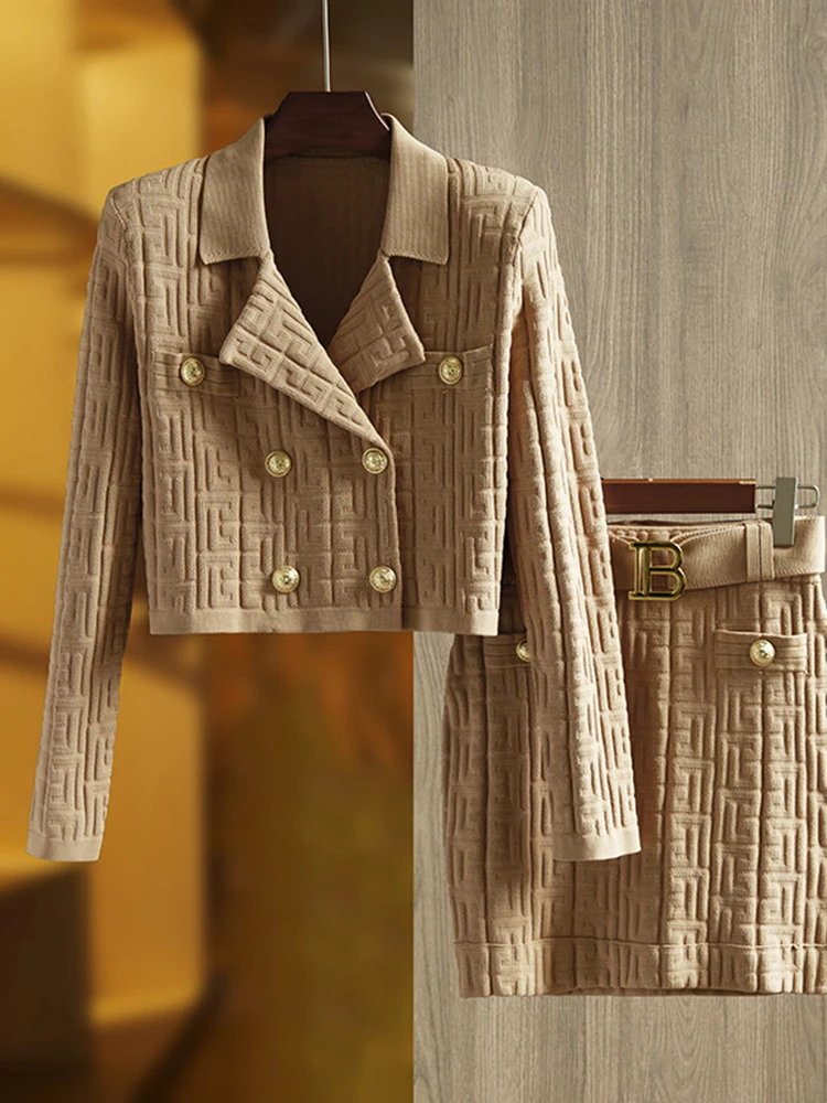 

HIGH STREET Newest 2022 summer Designer Runway Suit Set Women's Monogram Jacquard Double-Breasted Knitted Sweater Jacket Skirt