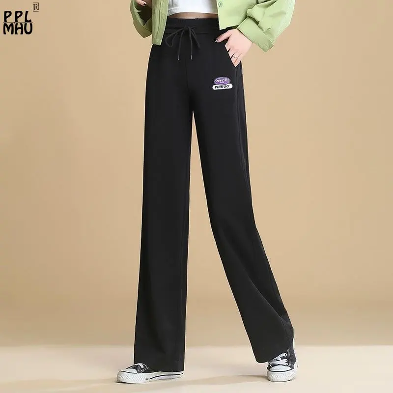 Korean Fashion High Wide Leg Pants Trend Letter Track Pants Belt Trousers Baggy Pant Women's Casual Elastic Waist Sweatpants