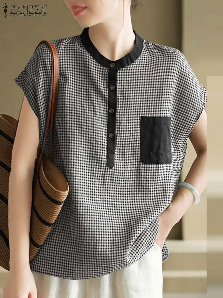 Винтажная офисная блузка 2024 ZANZEA летняя Лоскутная рубашка Женские Мешковатые