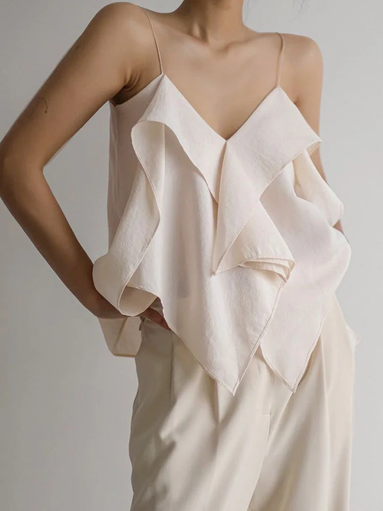 

Alinemyer Cascading Ruffles Straps Top Woman Apricot Elegant Irregular Summer Camis V-Neck Soft Female Beach Holiday Tops 2022