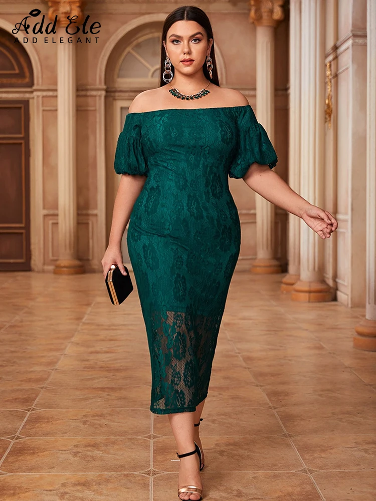 Add Elegant Plus Size Women Lace Slash Neck Tierred Design Fashion 5XL Short Puff Sleeve Green Waist Pencil Bodycon Dress B222