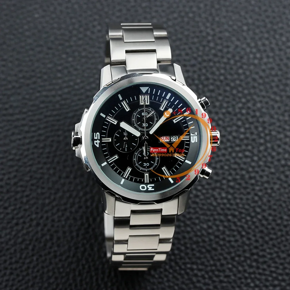 

376804 Miyota Quartz Chronograph Mens Watch Black Dial Stainless Steel Bracelet Puretime 2023 Top Brand New Day Date Stopwatch