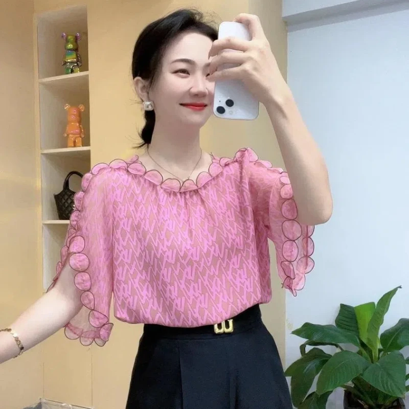 2024 новая летняя корейская модная шифоновая свободная рубашка с короткими