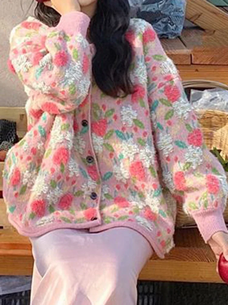 Новый японский и корейский Ретро ленивый стиль розовый свитер с цветами для