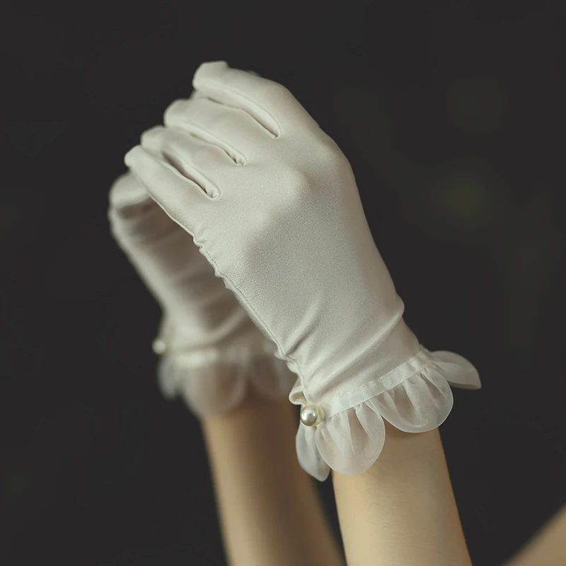 

New Hepburn style wedding gloves vintage white short satin lace bridal dress dinner accessory