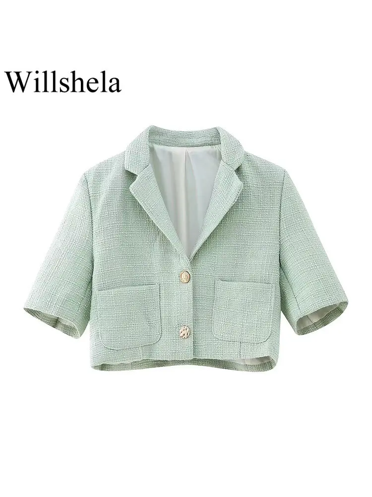 

Женский укороченный пиджак Willshela, винтажный однобортный пиджак с карманами и воротником-стойкой, зеленая текстура