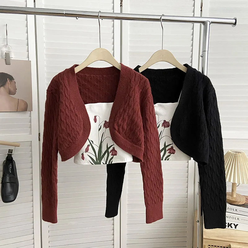 

Knitted Sweater Korean Style Women Sweaters Cardigan + Floral Printing Bra Tank Female Casual Ladies Slim Clothes Dropshipping