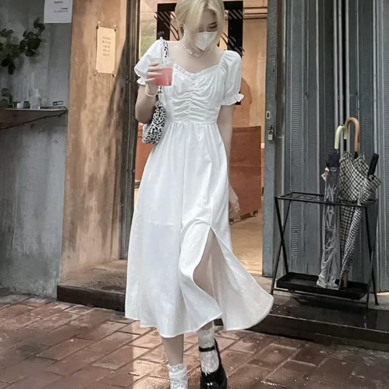 

HOUZHOU Fairycore White Dress Women Puff Sleeve Korean Fashion Streetwear Elegant Party Long Dresses Corset Slit Skirt Aesthetic