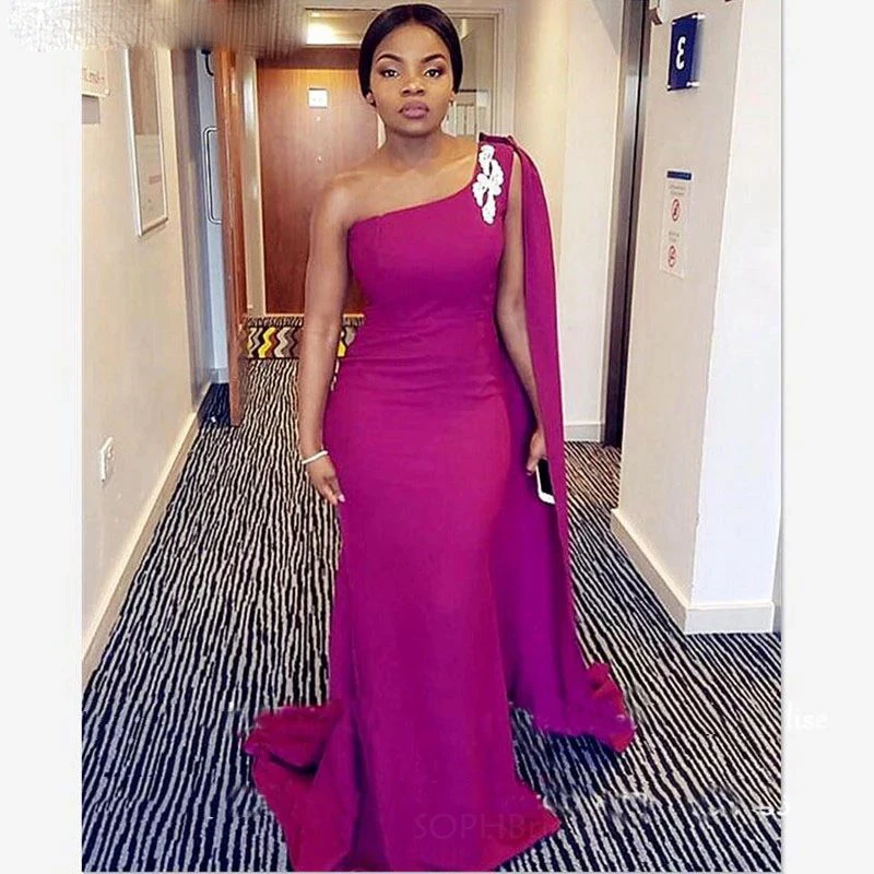 

One Shoulder Evening Dress 2022 Vestidos Fuschia Appliques Mermaid Prom Gowns African Women Long Robe de Soirée