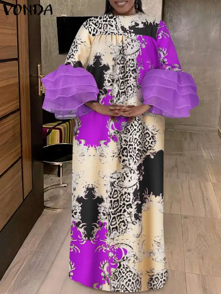 

Women Evening Party Dress 2022 VONDA Elegant Long Maxi Dresses Vintage 3/4 Sleeve Printed Puff Sleeves Sundress Beach Vestidos