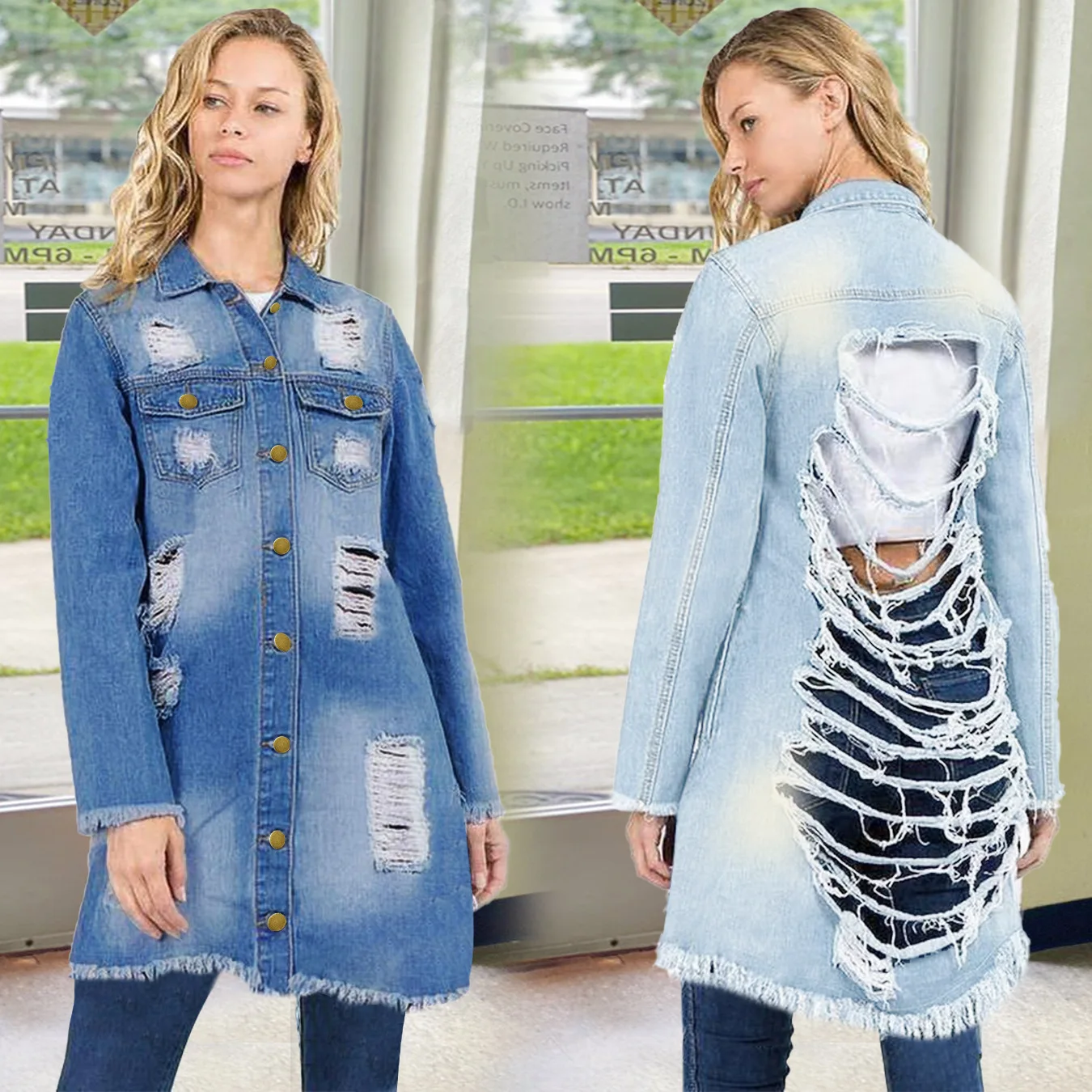 

2023 New Hot Selling Fashion Casual Women's Shirts with Broken Holes, Mid Length Tear Style Women's Denim Coat