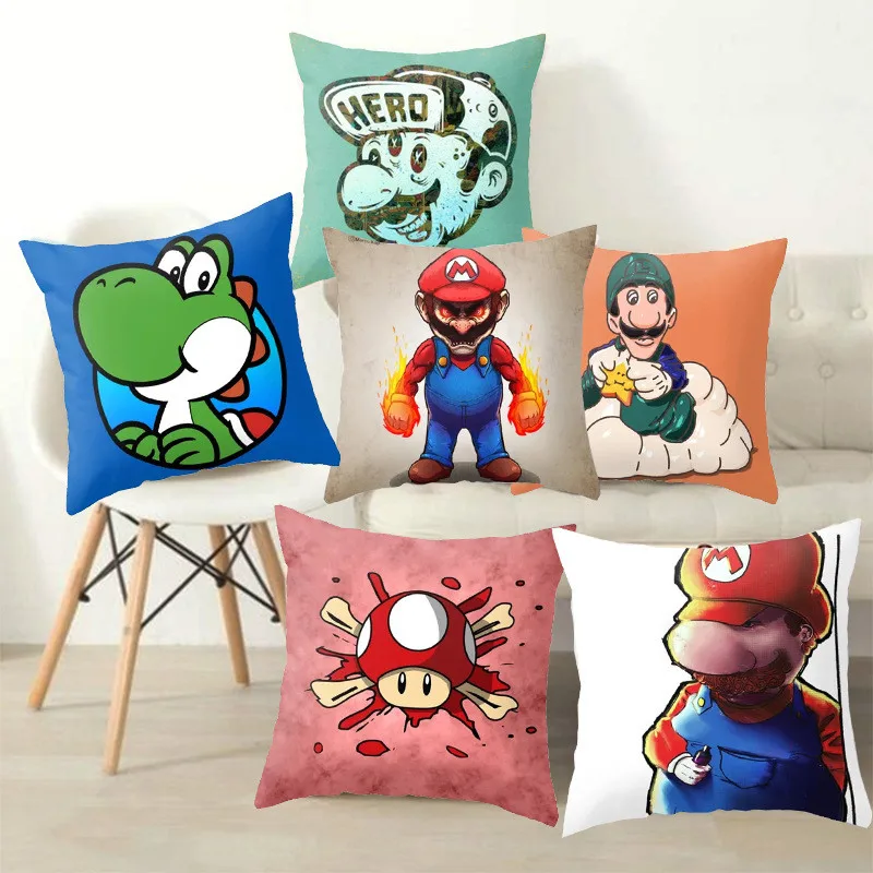 

45*45cm Super Mario Bros Game Cartoon Pillowcases Cushion Cover Soft Short Plush Decor Pillow Case Car Sofa Home Kids Gifts