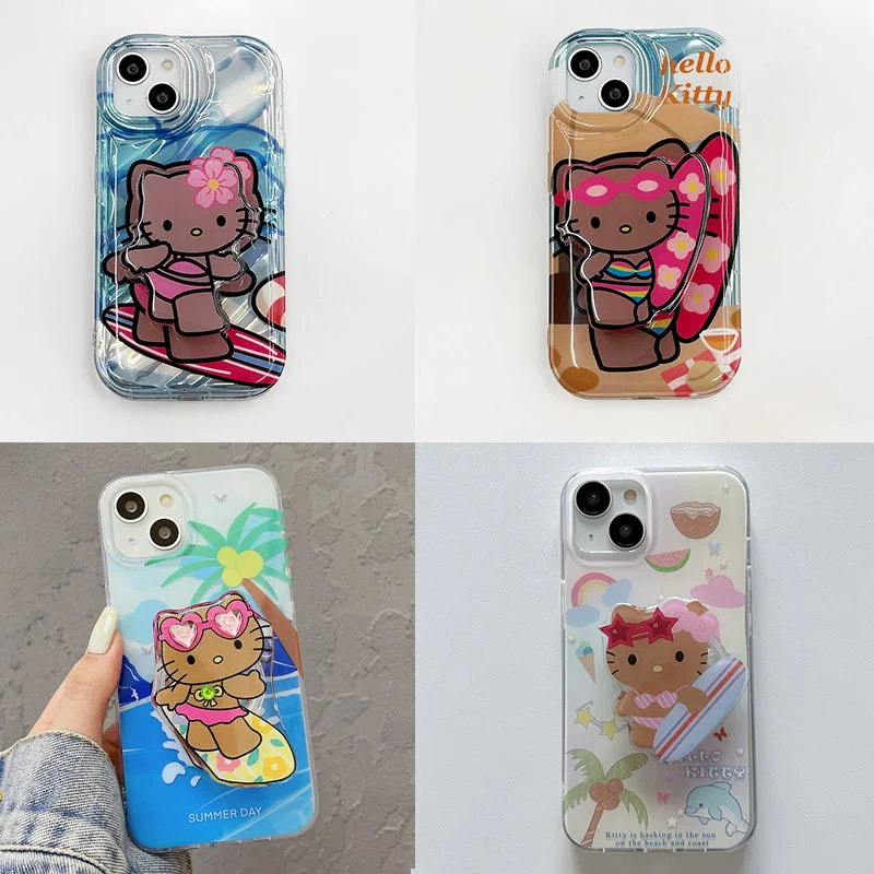 

Sanrio Black Skin Hello Kitty Bikini Hawaiian Surf Phone Case with Holder Iphone 11 12 13 14 Pro Max Cover Anti-fall Soft Shell