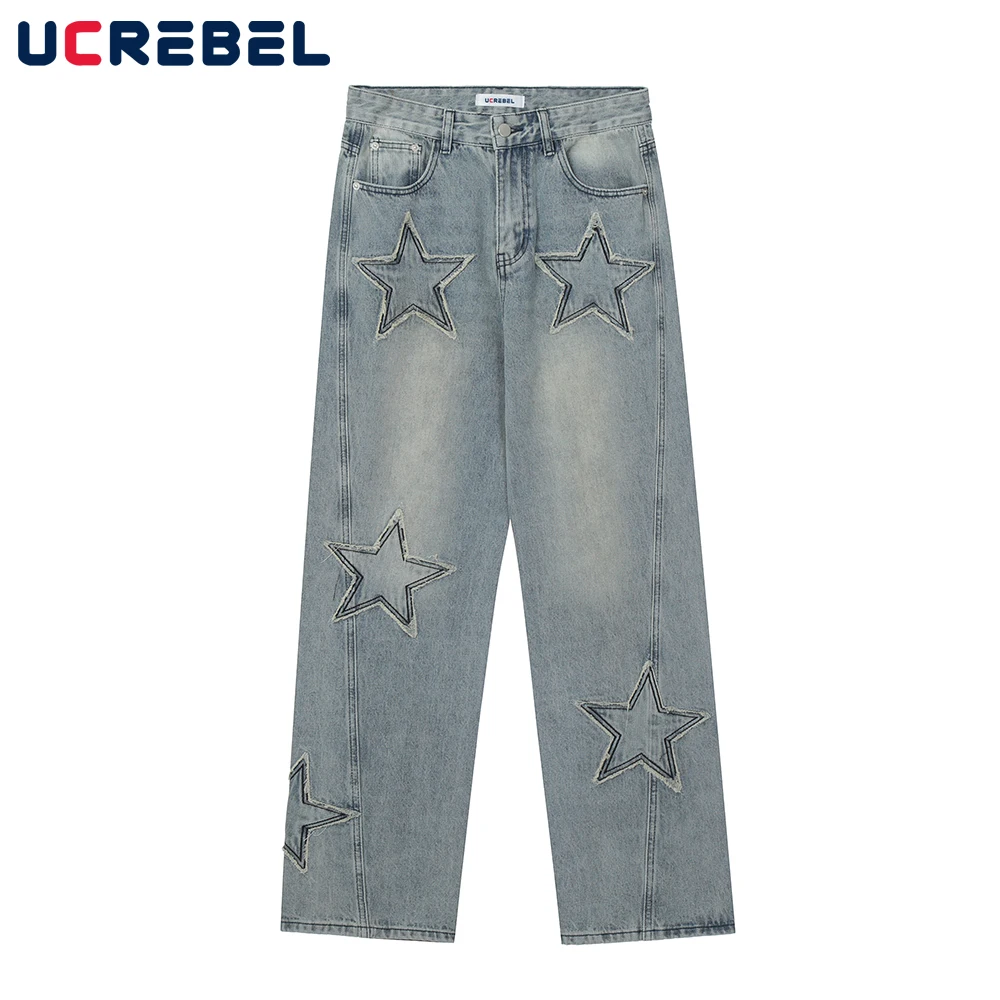 

Five-pointed Star Denim Pants Mens Washed Raw Edge Loose Straight-leg Jeans Streetwear Embroidery Casual Wide Leg Trousers Men