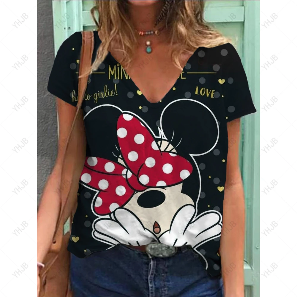 

New Women's T Shirt Relaxed Ladies Clothes Blouse V-neck Fashion Disney Minnie Mickey Mouse Print Oversized Sweatshirt Loose Top