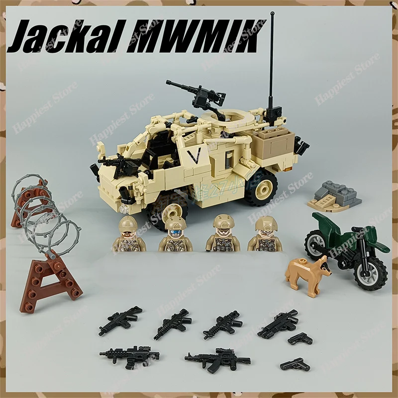 

WW2 Military British Army Jackal Attack Vehicle Model Building Blocks Armored Car Soldiers Weapons Guns Bricks Accessories Toys