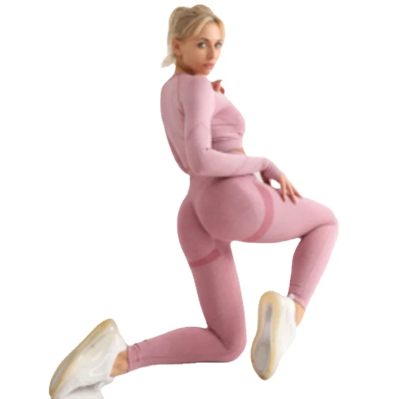

Sportswear Women Seamless Fitness Training suit quick-drying sweat Tight-fitting two piece peach Hip stretch Trousers pullover
