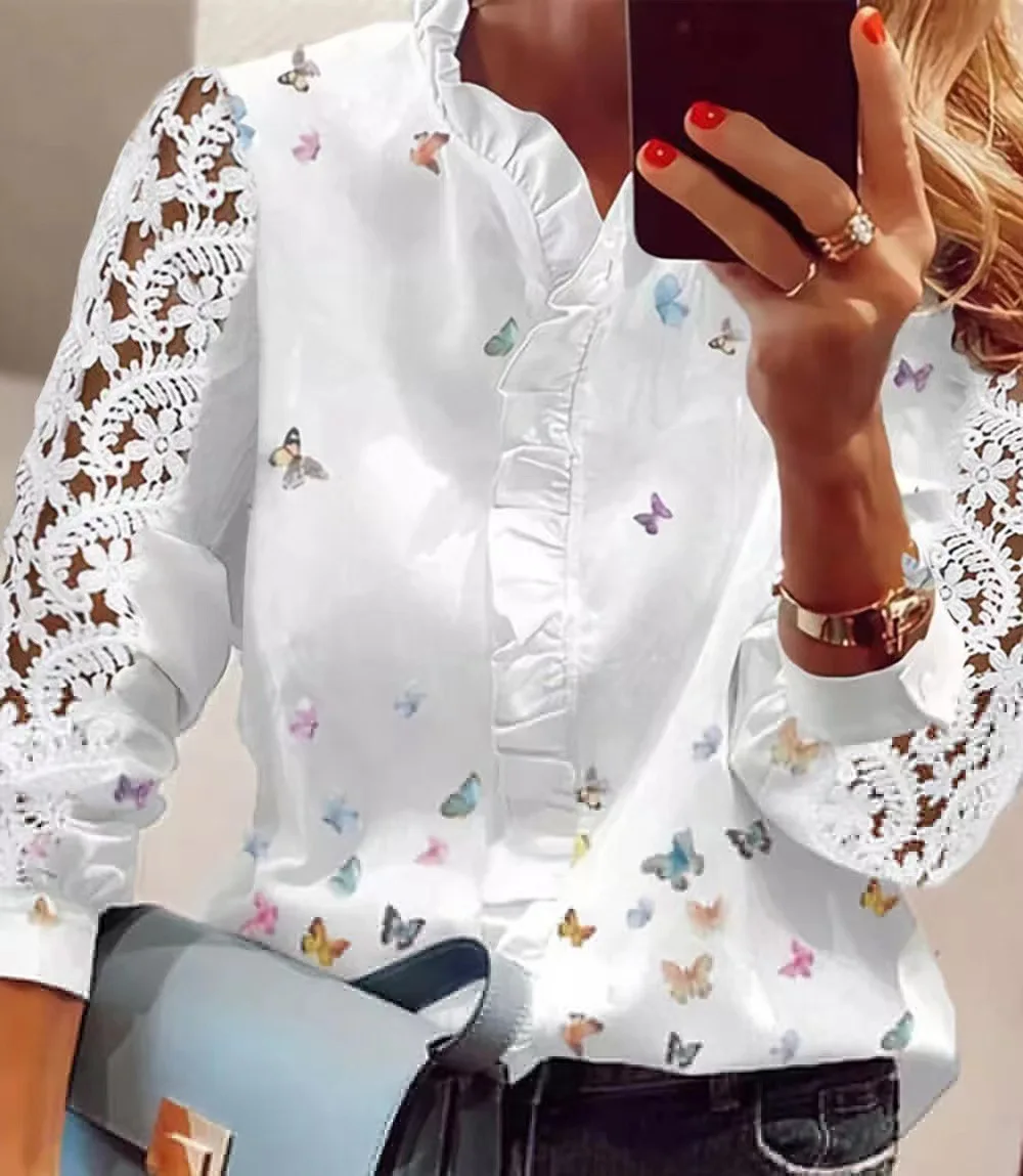 New lace patchwork printed shirt for women