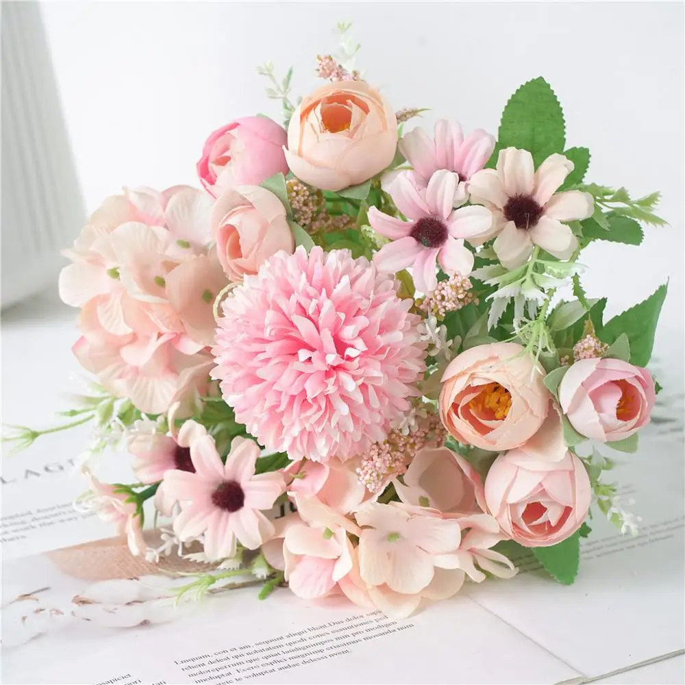 

7 Heads Hydrangea Flowers Artificial Bouquet Silk Blooming Fake Peony Bridal Hand Flower Roses Wedding Centerpieces Decor