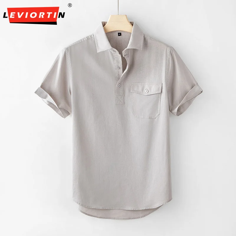 

Рубашка-поло мужская с коротким рукавом, блузка из хлопка и льна в деловом стиле, повседневный простой однотонный топ свободного кроя, лето