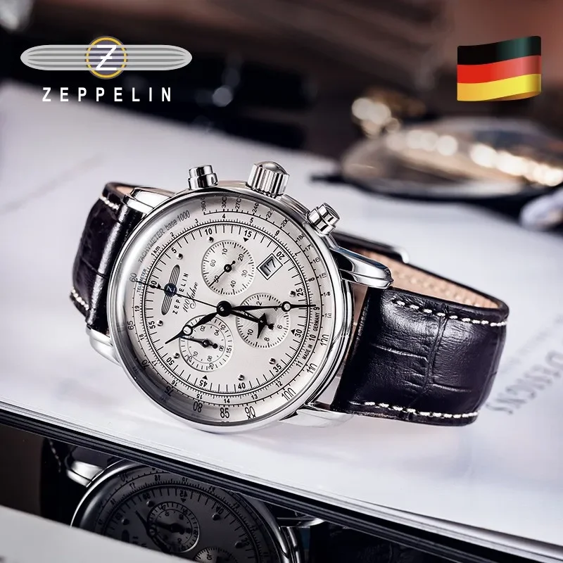 

2023 Hot New Zeppelin Airship Watch Fashion Three Eyes Run Second Multi-function Chronograph Luxury Leather Business Men's Watch