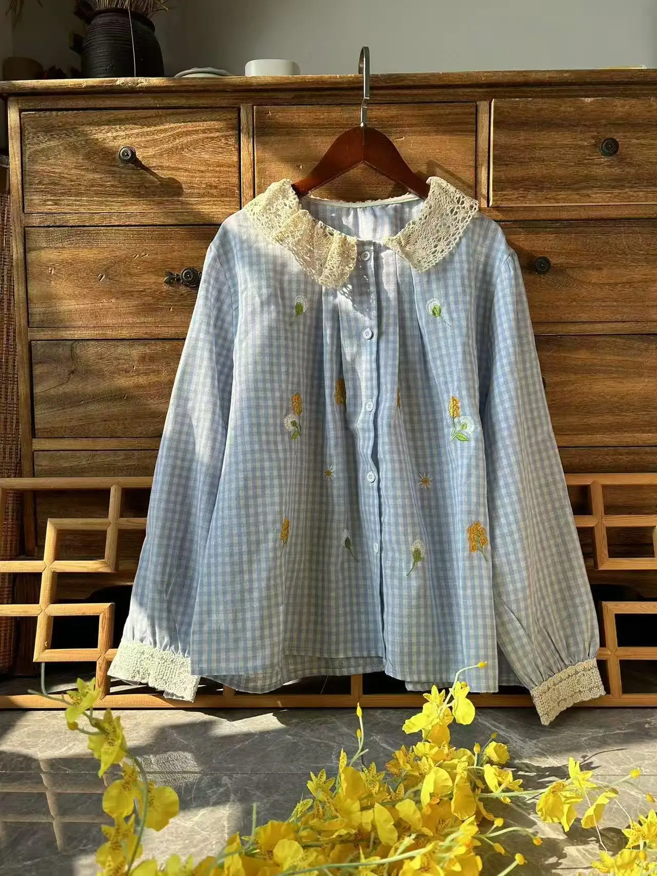 2021 японская винтажная одежда весенние кружевные рубашки и блузки в клетку с