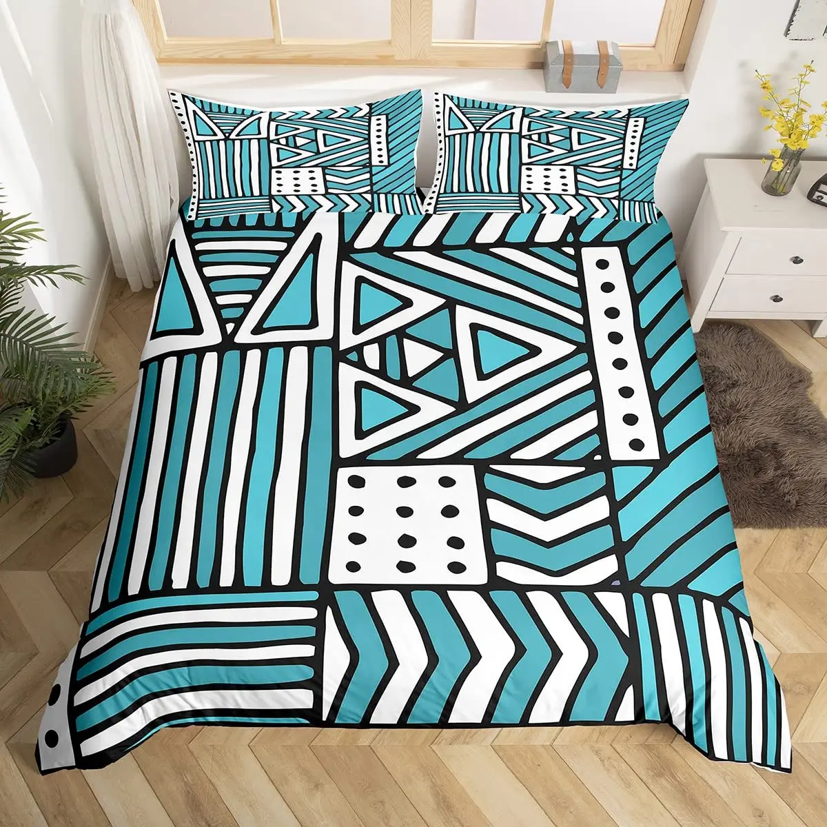 

Geometry Duvet Cover Set King Blue White Black Triangle Striped Bedding Set Polyester Vintage Hand Drawn Bold Stripe Quilt Cover