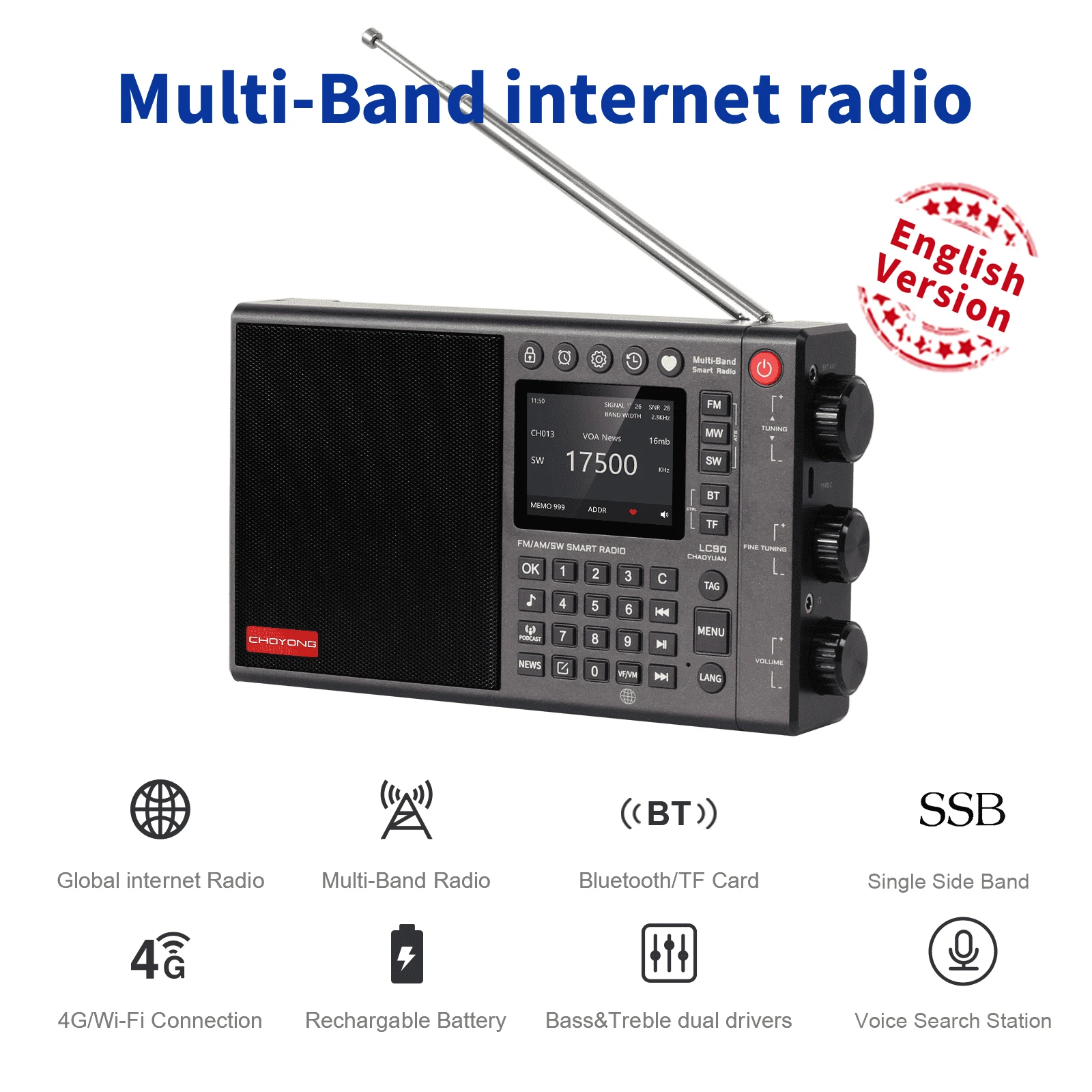 Фото CHOYONG LC90 Wi-Fi/4G многодиапазонный умный Интернет-радио, портативный AM/FM,Longwave & коротковолновый радиоприемник с SSB №1