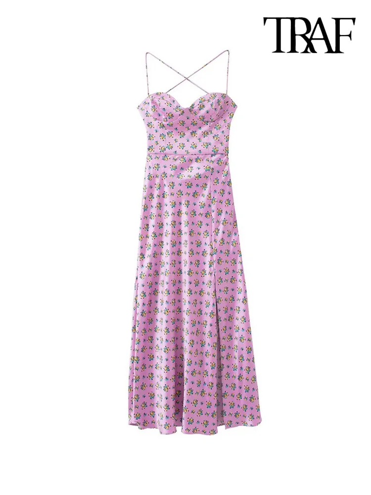 

TRAF Women Fashion Front Slit Printed Satin Midi Dress Vintage Backless Tied Thin Straps Female Dresses Vestidos Mujer