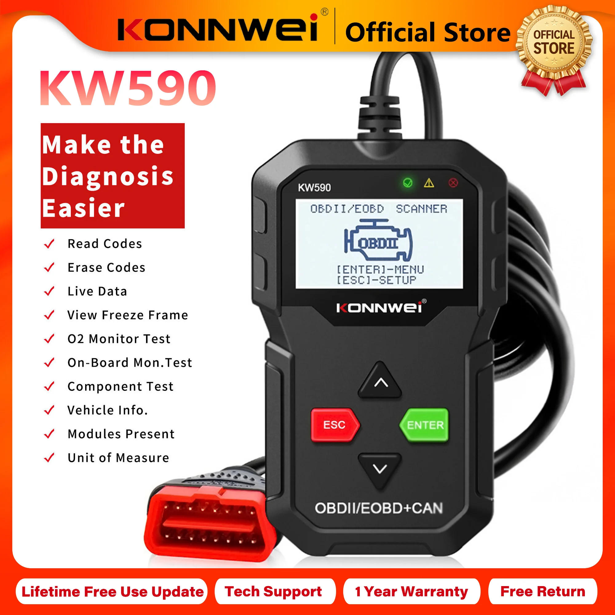 Фото Диагностический сканер KONNWEI KW590 OBD2 2026 года: считывание и удаление кодов неисправностей, поиск кодов DTC, тестирование кислородных датчиков, отображение данных в реальном времени №1