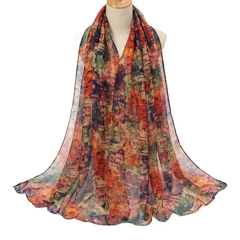 

2023 Spring Fashion Oil Painting Floral Viscose Scarf Lady Print Voile Shawls and Wraps Pashmina Foulards Muslim Hijab 180*72Cm