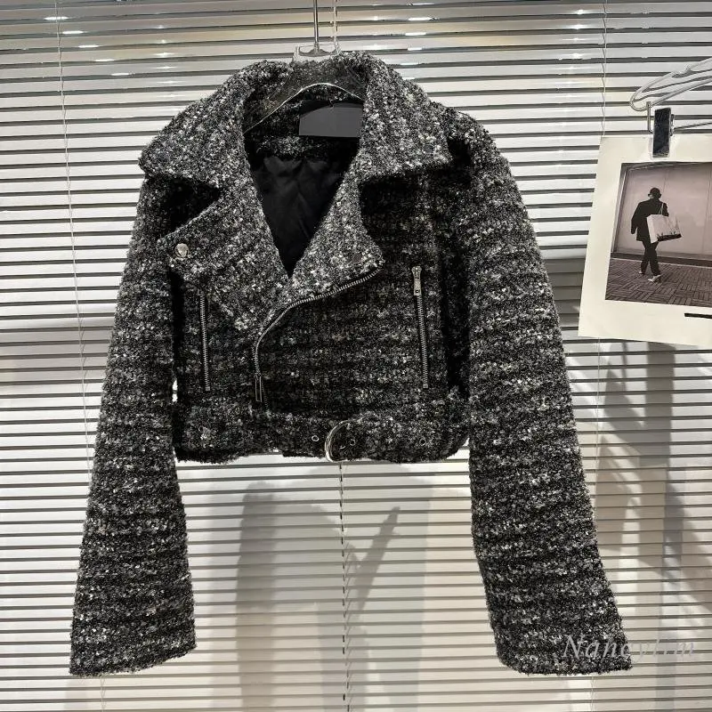 

2022 Winter Short Jacket New Oblique Zipper Tweed Quilted Jackets Warm Coat Fashion Streetwear Blet Waist Lapel Long Sleeve