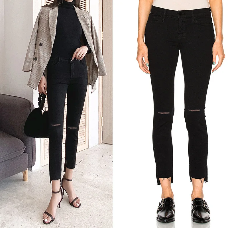 

Fashion Classic Brand Luxury Design Double Knee Holes Irregular Black Stretch Nine Point Jeans Women's Little Black Pants