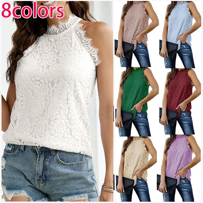 XS-3XL  Fashion Women Summer Casual Shirt Lace Hollow Halter Vest Lace Sweet Tops