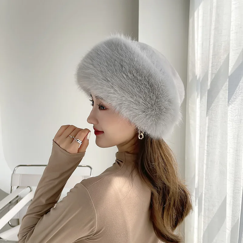 

Winter Hat for Women's Imitation Fur Fox Pullover Hat Outdoor Warm Thick Beret Mongolian Princess Ear Protection Cap Outdoor