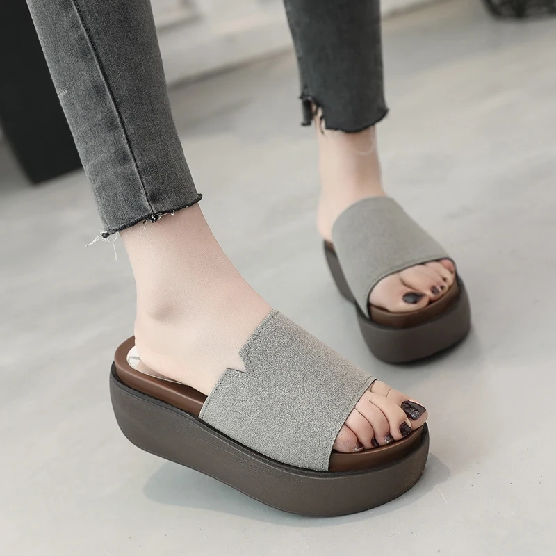 

Shoes Woman 2022 Female Slippers Med Platform On A Wedge Luxury Slides New Summer Designer Rubber Rome Scandals Fabric PU