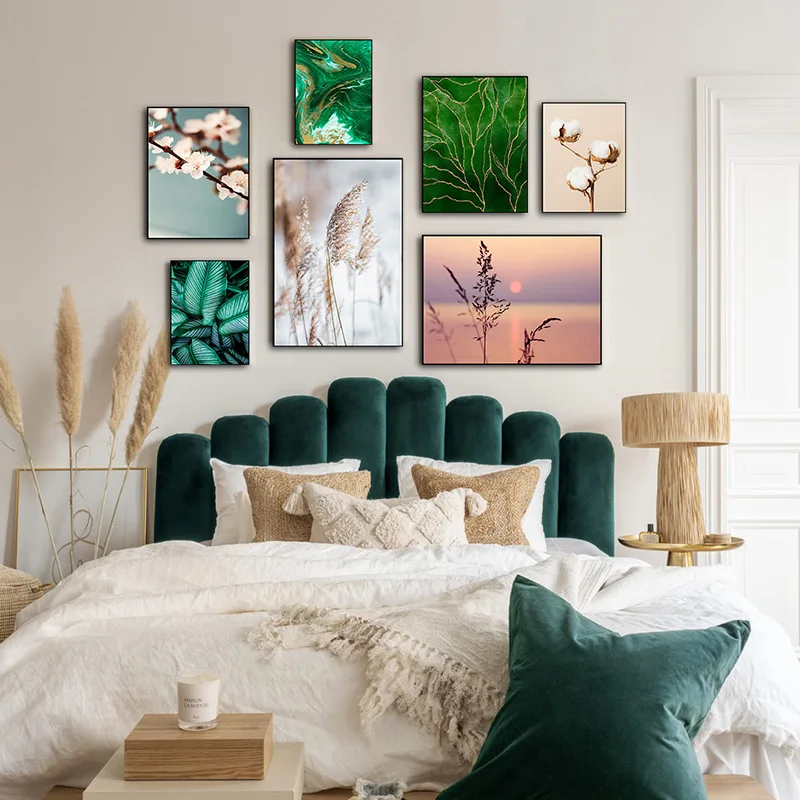 

One-Pieces Decoration Pictures Wall Paintings For Living Elegant Room Abstract Poster Green Marble Dried Fluffy Cotton Flower