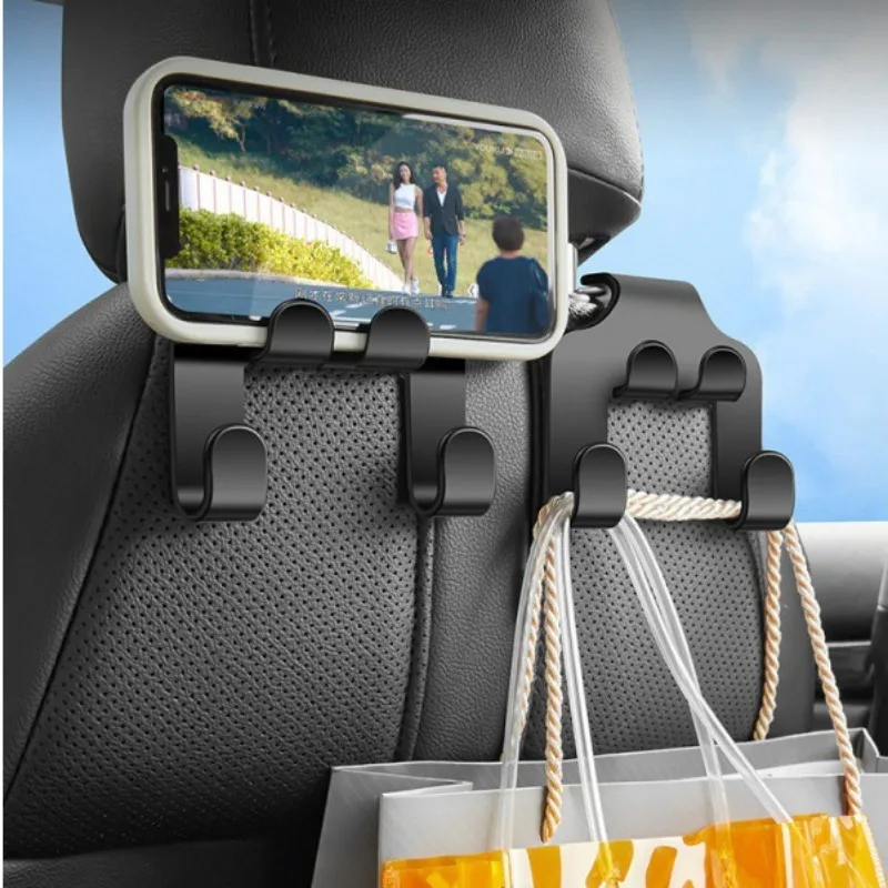 

2023 Car Seat Headrest Hook 4 Pack Hanger Storage Organizer Universal for Handbag Purse Coat Fit Universal Vehicle Car Black