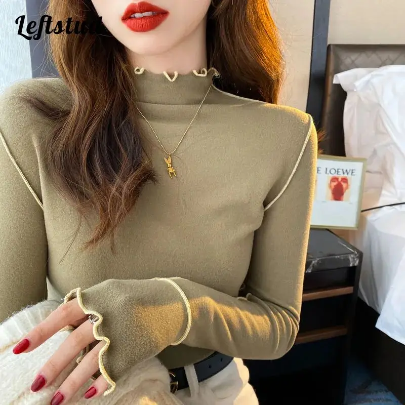 

Edible Tree Fungus Line Half High Neck Basic Soft Slim Knitted Women's Sweater Long Sleeve Chic Pullover Bottom Female Jumpers