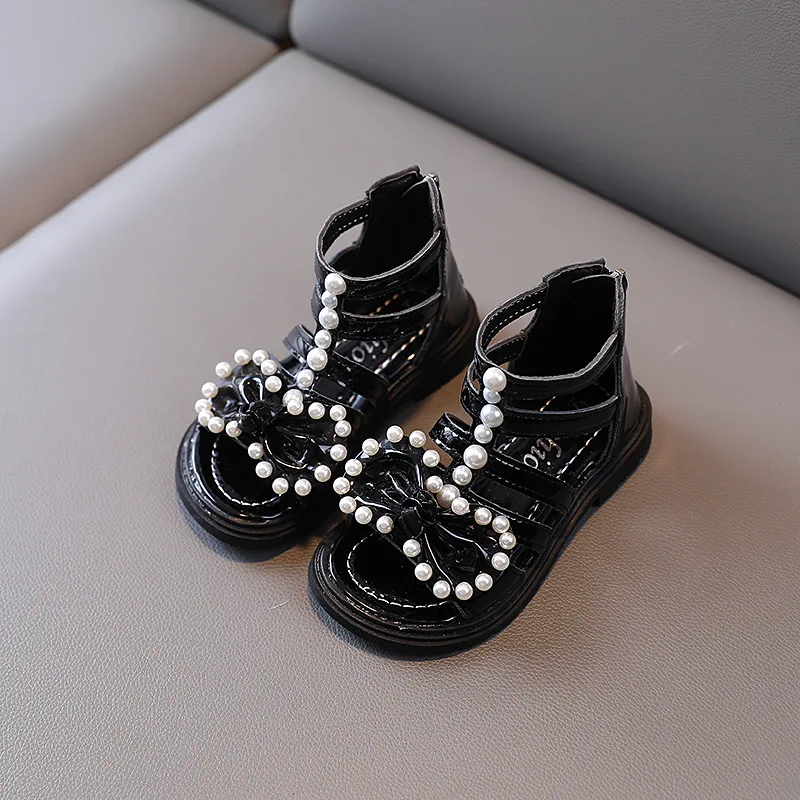 

3-12 Year Designer Children's Sandals Summer 2022 Beaded Bow Beach Shoe Kids Luxury Sandals Gladiator Princesse Girls Black Shoe