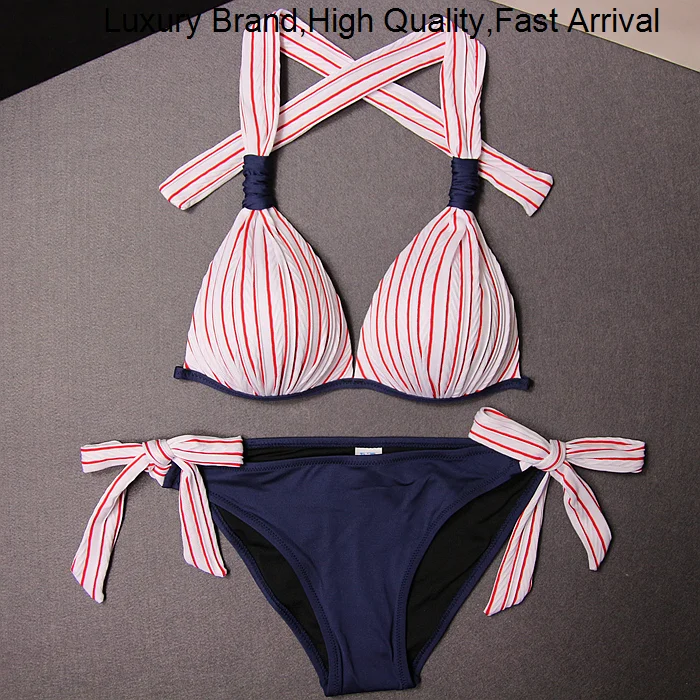 

Купальник женский полосатый с чашками пуш-ап и лямкой на шее