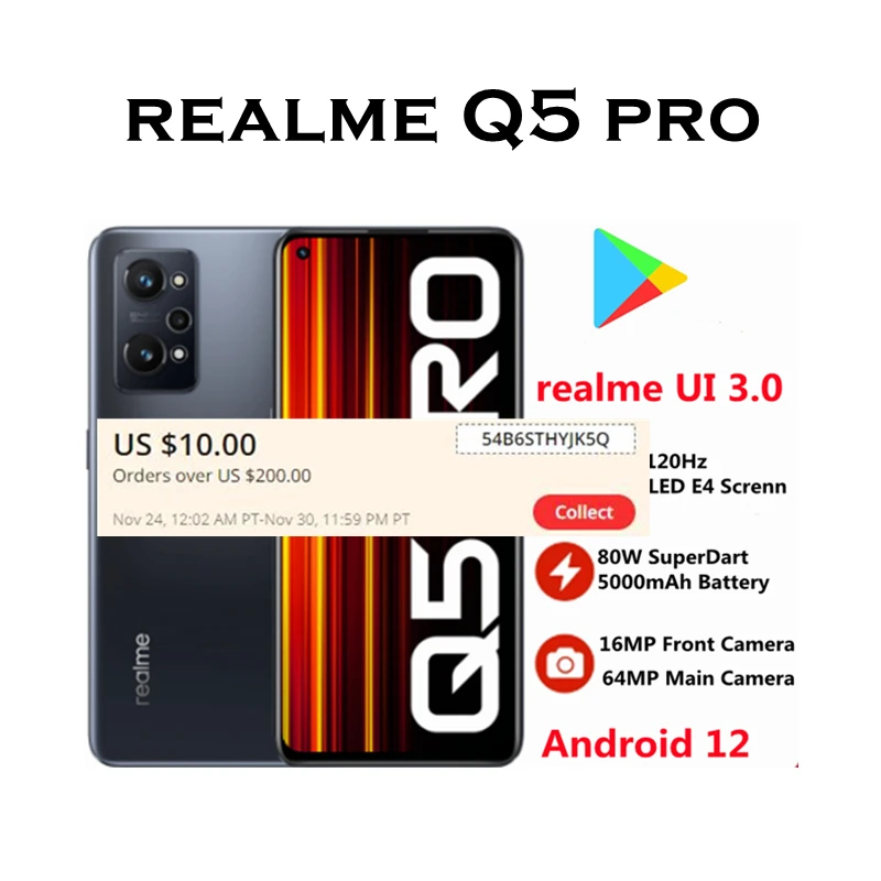 

Смартфон realme Q5 Pro 5G, Snapdragon 870, 6,62 дюйма, 120 Гц, AMOLED экран E4, 80 Вт, SuperDart, 5000 мАч, основная камера 64 мп