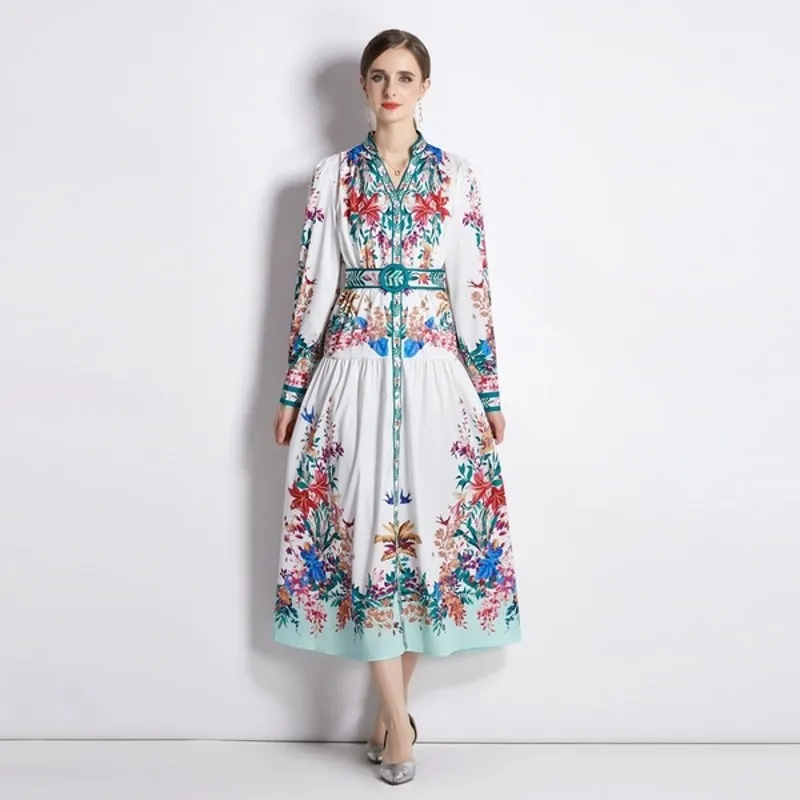 

Женское винтажное платье с цветочным принтом, однобортное богемное платье с V-образным вырезом, рукавами-фонариками и поясом на резинке, осе...