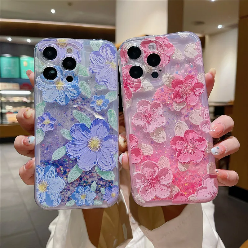 

Luminous Liquid Glitter Quicksand Phone Case For Xiaomi Mi 10 10i 10S 10T 11i 9 11T 12X 12S 12 11 Lite Pro Flower Soft Cover