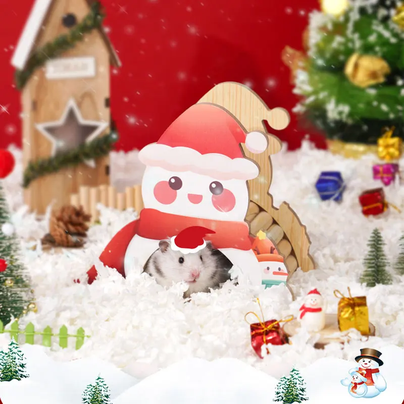 

Pet Hamster Wooden House Cute Painted Christmas Series Escape Shelter Wooden House Guinea Pig Hamster Landscape Nest Supplies