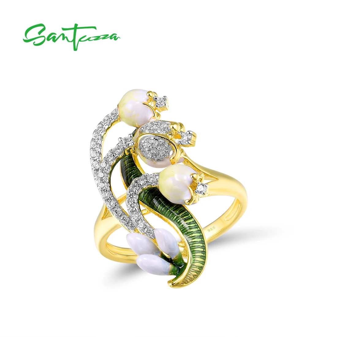 Женское кольцо с Зелеными камнями SANTUZZA из серебра 925 пробы белым кубическим