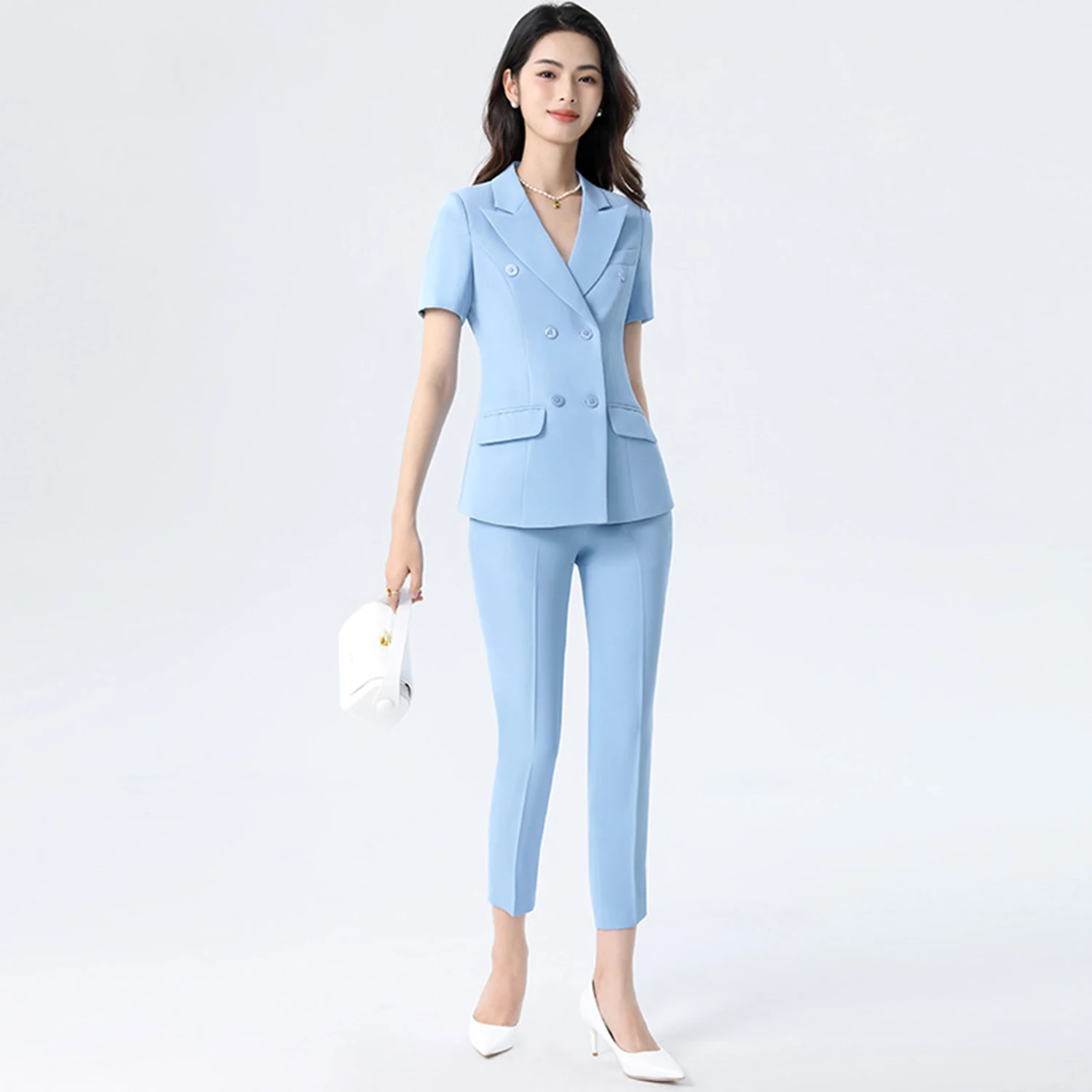 Фото Женский костюм Allingentle: приталенный брючный костюм из 2 предметов, модный пиджак с коротким рукавом и брюки для офиса и повседневной носки, на заказ №4